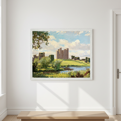 Framed Trim Castle print hanging in a bright hallway with white walls, natural wood accents.