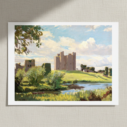 Trim Castle (1938) by Dermod O’Brien, unframed archival art print resting on light linen fabric in soft natural daylight