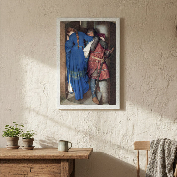 The Meeting on the Turret Stairs framed print in a white frame above a rustic wooden table on a plaster wall