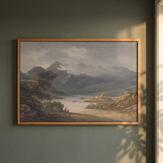 View on the Upper Lake, Killarney framed print in a natural oak frame on a dark green wall beside a window, dappled plant shadow