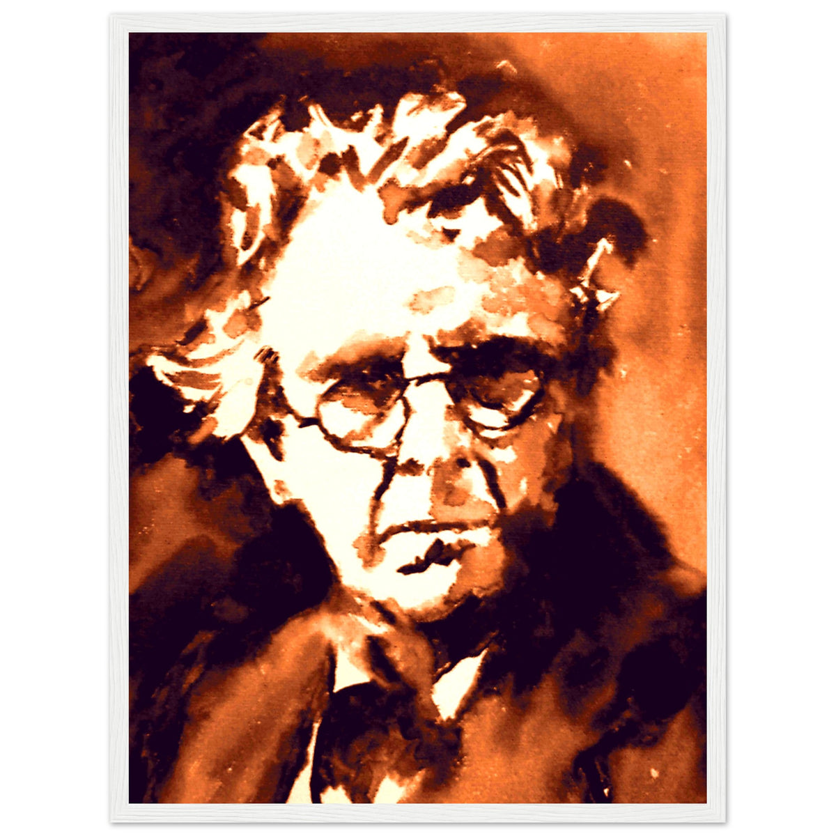 W. B. Yeats in round spectacles, sepia and orange portrait, unframed print