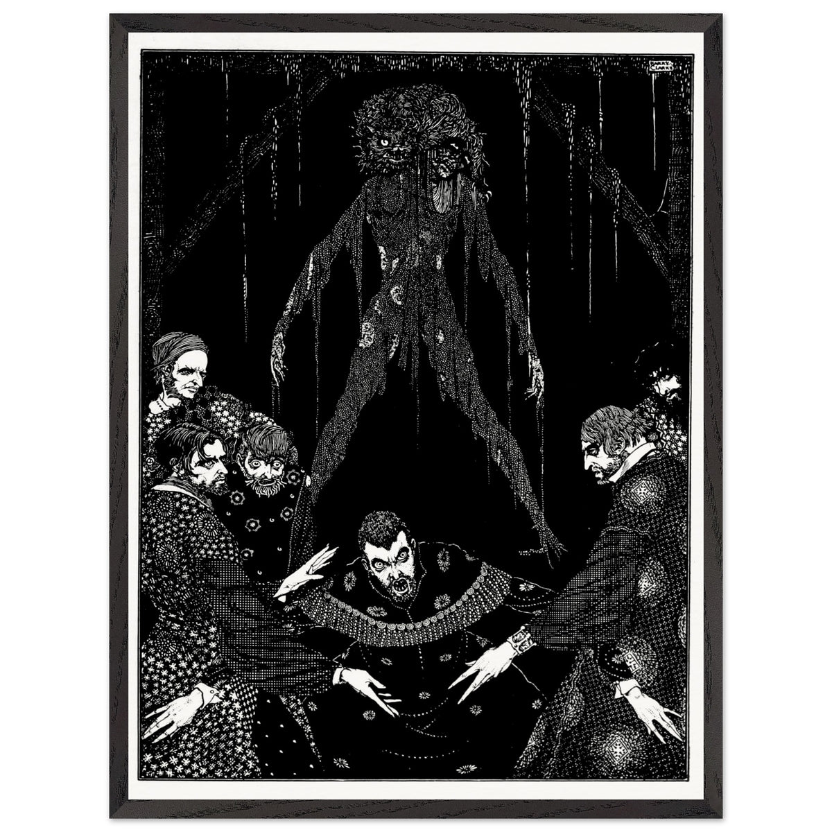 Walled the Monster (1923) by Harry Clarke in a black frame, illustration for Poe's The Black Cat