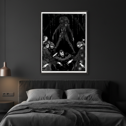 Walled the Monster (1923) by Harry Clarke in a white frame above a grey bed in a dark bedroom