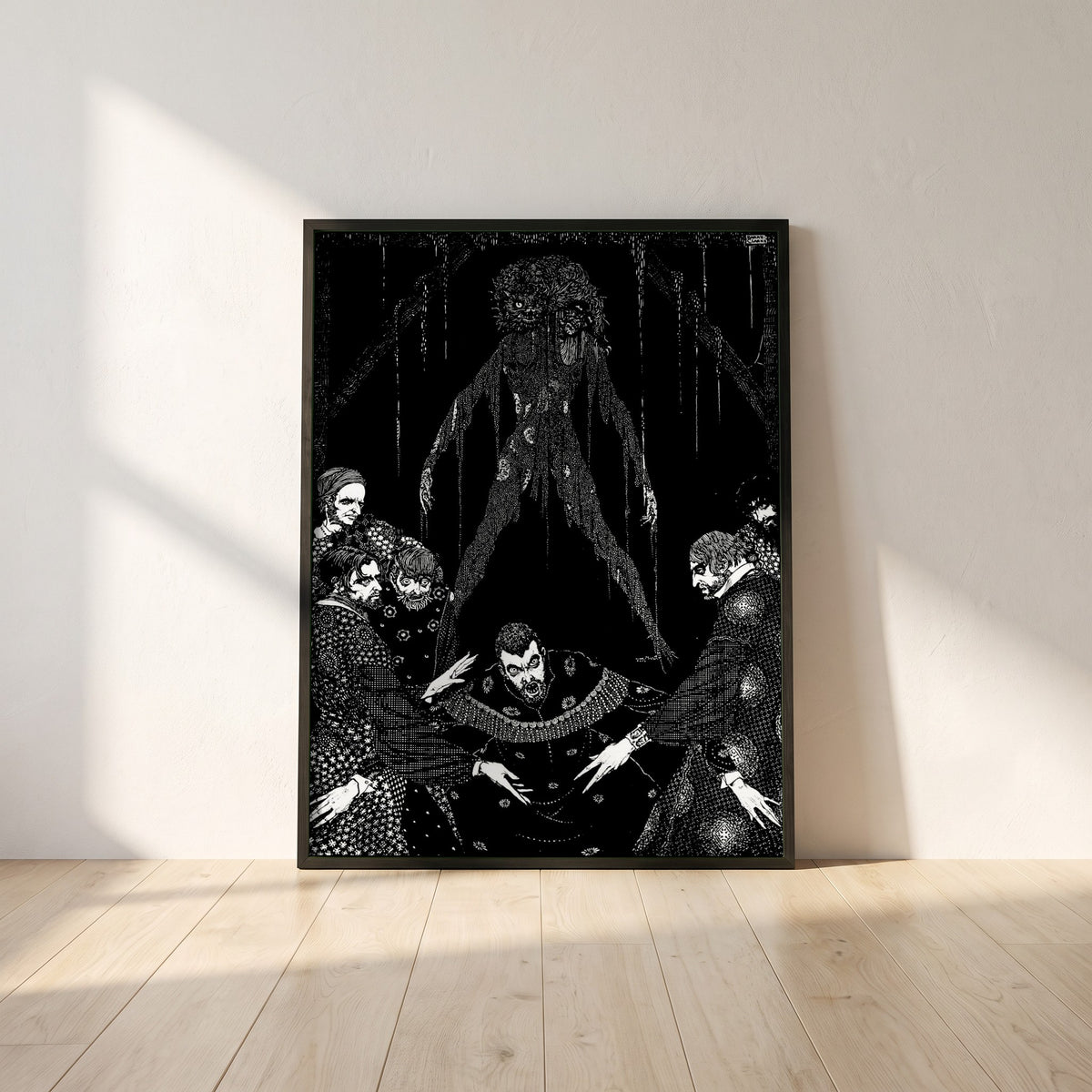 Walled the Monster framed print in a black frame leaning against a white plaster wall on oak floorboards in morning light