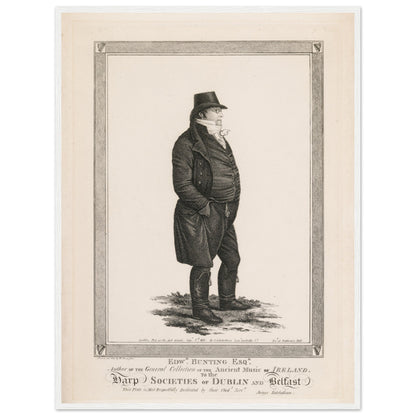 White-framed Edward Bunting print with engraved caption about the Dublin and Belfast harp societies