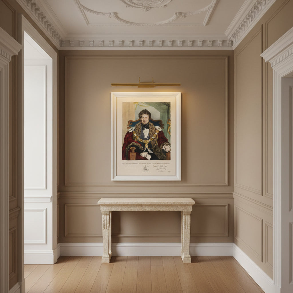 Daniel O'Connell portrait in a white frame above a stone console table in a panelled Georgian hallway