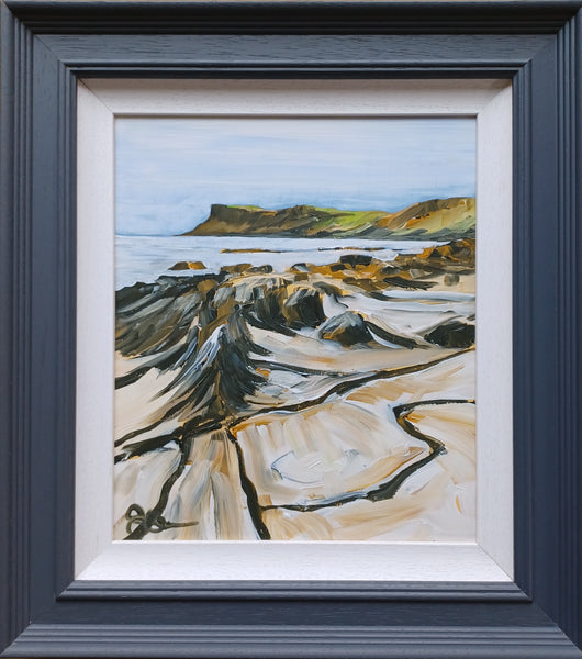 This is a serene coastal painting titled "Tide Coming In" by Irish artist Stephen McClean. The artwork depicts Ballycastle beach with Fair Head in the distance on Northern Ireland's North Coast. It's an original acrylic painting on a wooden panel, measuring 30cm x 35cm (12" x 14" inches), beautifully framed in grey with a white scoop inlay, sized 45cm x 50cm (18" x 20" inches). A perfect addition to your art collection or a thoughtful gift for art and nature enthusiasts.