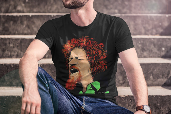 Vintage-inspired Luke Kelly Tribute T-shirt featuring a detailed illustration of the iconic Irish folk singer, capturing his spirit and musical legacy.